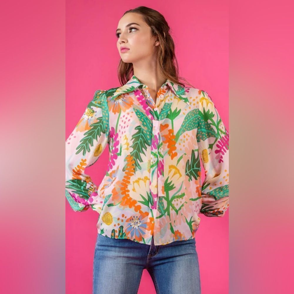 JESSIE LIU Colorful Floral Blouse; Size Large